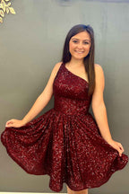 Navy Sequins One Shoulder A-Line Short Homecoming Dress