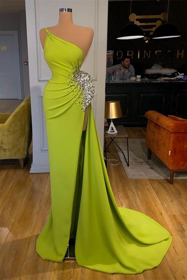 Green One-Shoulder Sleeveless Beaded Mermaid Prom Dress with Split BM bride