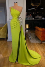 Green One-Shoulder Sleeveless Beaded Mermaid Prom Dress with Split BM bride