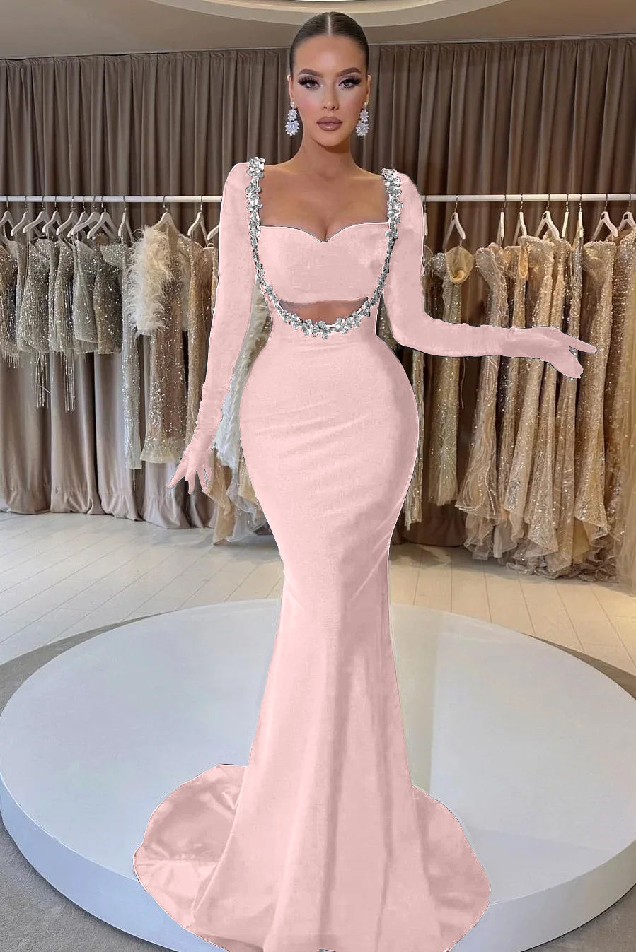 Charming Black Velvet Long Sleeve Beaded Long Mermaid Prom Dress With Gloves BMBRIDE