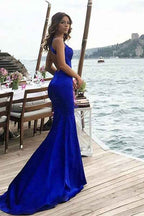 Glamorous Royal Blue Halter Sleeveless Backless Long Mermaid Prom Dress