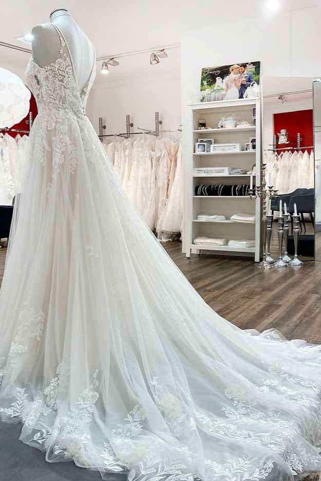 Elegant V-Neck Long A-Line Lace Wedding Dress with Tulle and Spaghetti Straps BM bride