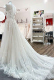 Elegant V-Neck Long A-Line Lace Wedding Dress with Tulle and Spaghetti Straps BM bride