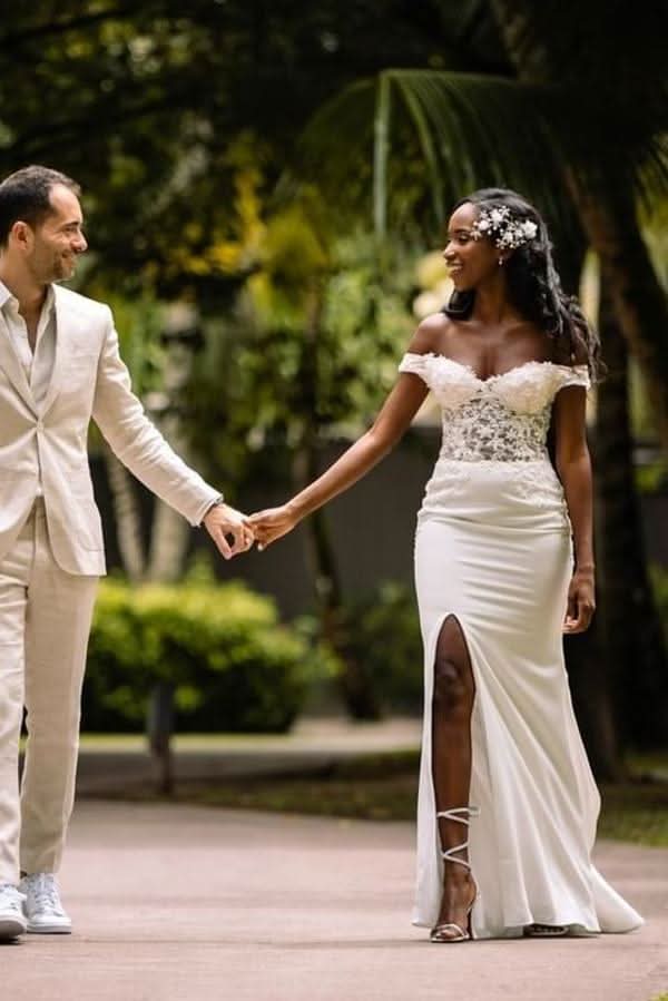 Simple Mermaid Sweetheart Off-the-Shoulder Long Wedding Dress with Slit BM bride