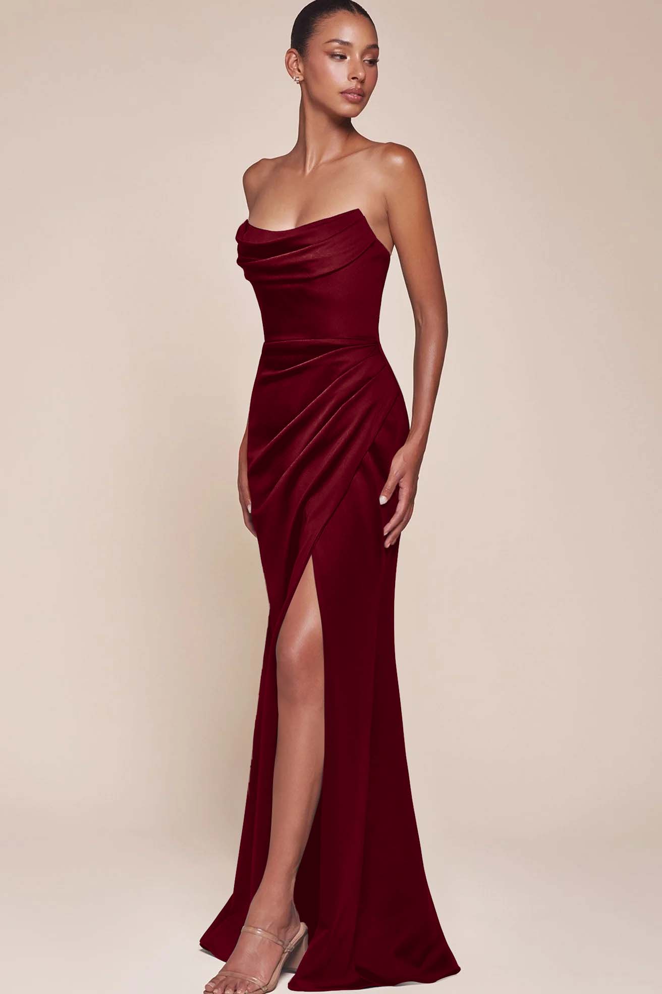 Strapless Sleeveless High Split Long Prom Dress With Pleated