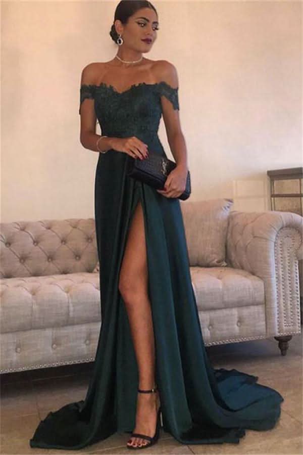Dark Green Lace Off-the-Shoulder Mermaid Prom Dress BM bride