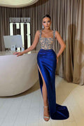 Royal Blue Mermaid Beaded Prom Dress Spaghetti Straps With Split