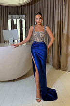 Royal Blue Mermaid Beaded Prom Dress Spaghetti Straps With Split