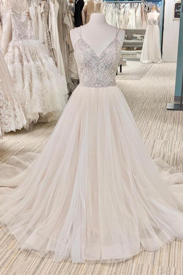 A-line Backless Long Wedding Dress With Pearl V-neck BM bride