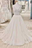 A-line Backless Long Wedding Dress With Pearl V-neck BM bride