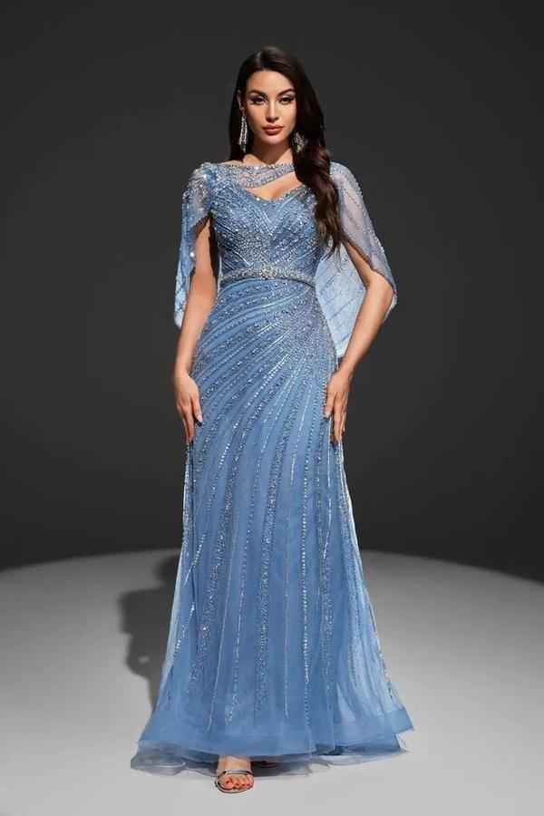 Stunning V Neck Sleeveless Long Prom Dress With Bead Embroidery