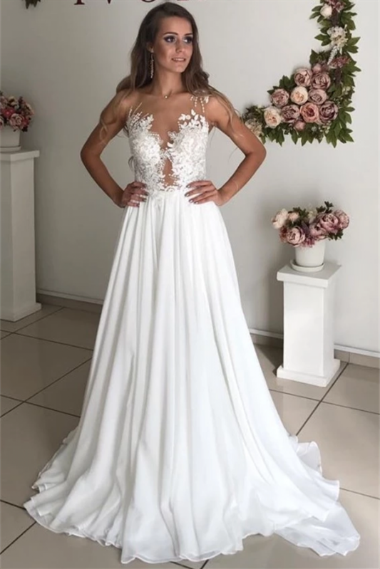 Elegant Sleeveless Long Chiffon Beach Wedding Dress with Appliques BM bride