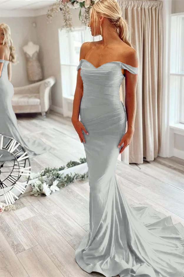 Off the Shoulder Sleeveless Mermaid Long Prom Dress With Pleated