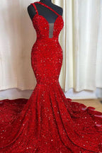 Red Sequins Sleeveless Mermaid Prom Dress with Sweetheart Elegant BM bride