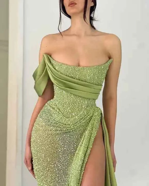 Sequins One Shoulder Sleeveless Long Mermaid Prom Dress With Split
