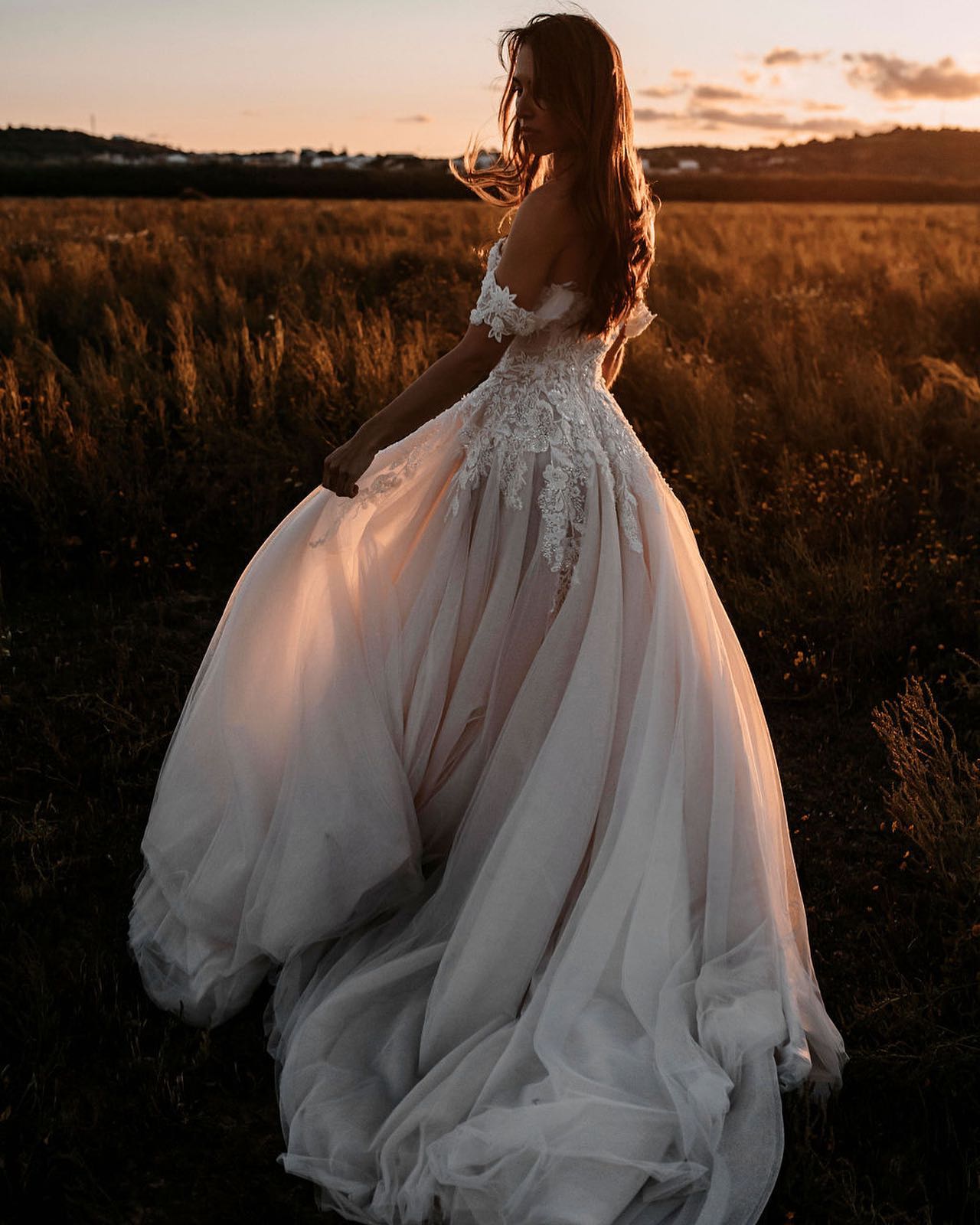 Off-the-Shoulder Tulle Train A-Line Wedding Dress with Lace Appliques BM bride