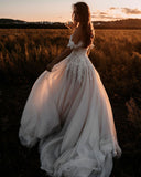 Off-the-Shoulder Tulle Train A-Line Wedding Dress with Lace Appliques BM bride
