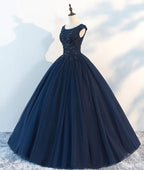 Navy Blue Sleeveless A-Line Lace Printed Prom Dress BM bride