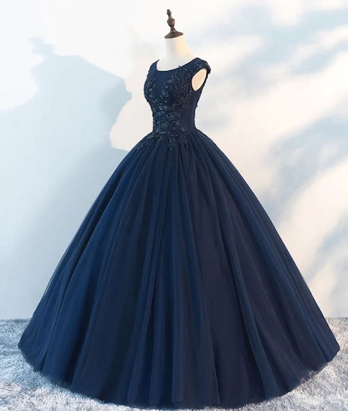 Navy Blue Sleeveless A-Line Lace Printed Prom Dress BM bride