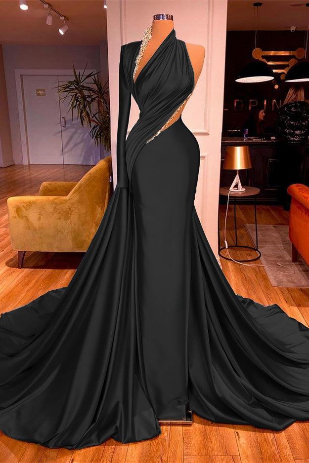 One Shoulder Long Beading Prom Dress Mermaid With Long Sleeve BMBRIDE