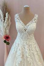 Classy Sweetheart Backless A-Line Floor-Length Tulle Wedding Dress with Lace Appliques BM bride