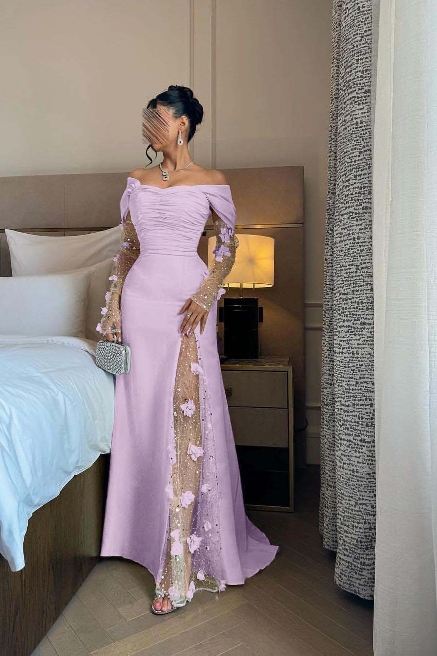 Off the Shoulder Long Sleeves Long Prom Dress With Split Appliques BMBRIDE