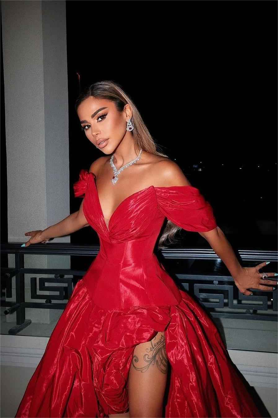 Chic Red Off the Shoulder V Neck A Line Long Split Prom Dress With Ruffles