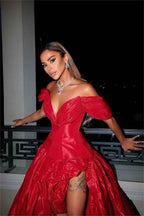 Chic Red Off the Shoulder V Neck A Line Long Split Prom Dress With Ruffles