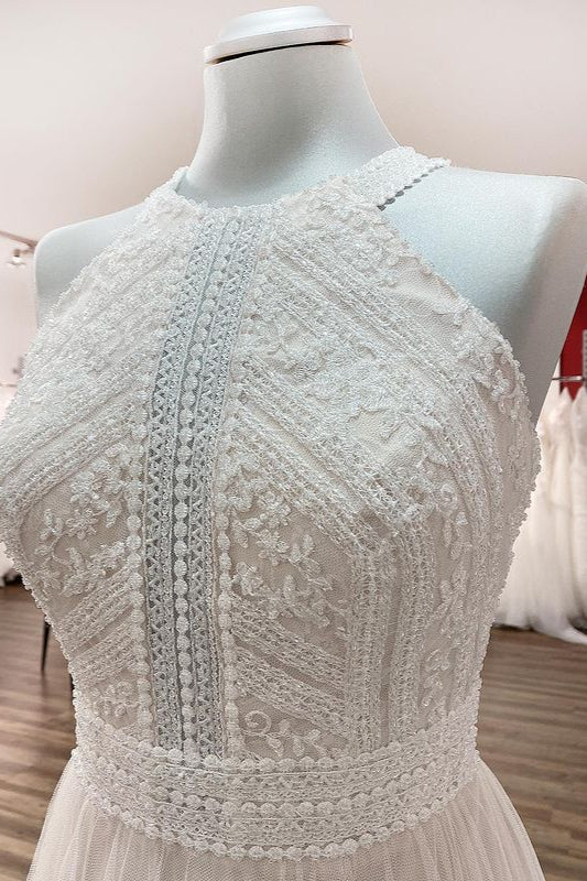Long A-Line Halter Backless Wedding Dress with Tulle Lace BM bride
