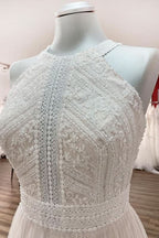 Long A-Line Halter Backless Wedding Dress with Tulle Lace BM bride