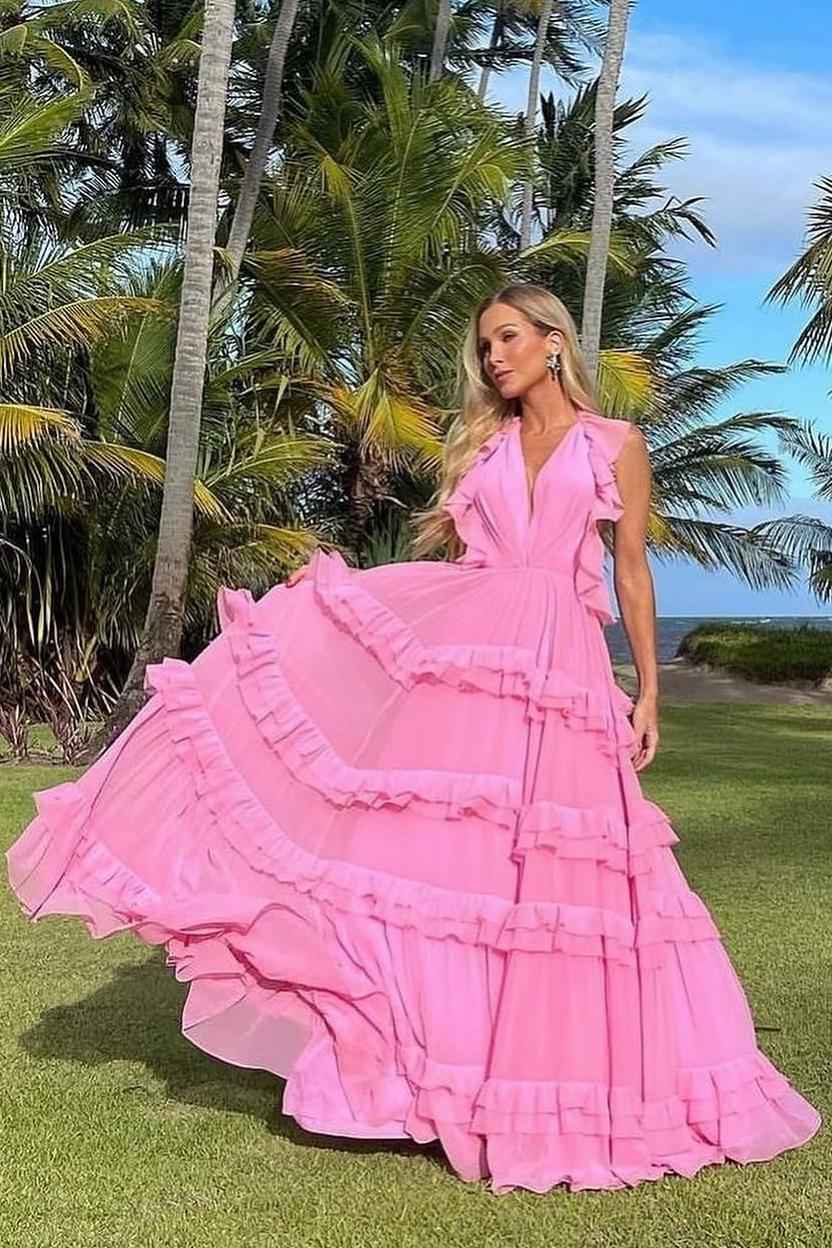 Halter Sleeveless Backless Long Prom Dress With Pleated Ruffles