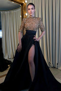 Black and Champagne Long Sleeves Mermaid Prom Dress with Slit BM bride