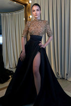 Black and Champagne Long Sleeves Mermaid Prom Dress with Slit BM bride