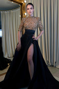 Black And Champagne Long Prom Dress Half Sleeves With High Slit