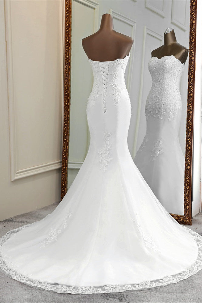 Strapless Lace Applique Long Mermaid Wedding Dress with Beading BM bride