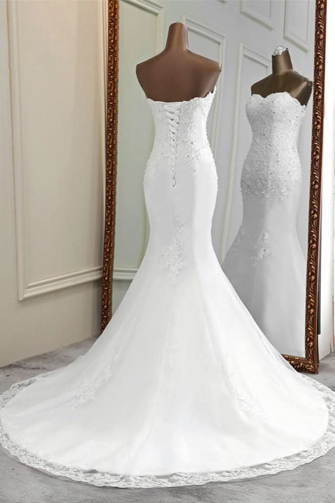 Strapless Lace Applique Long Mermaid Wedding Dress with Beading BM bride