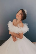 Long Two Piece Wedding Dress With Lace Layers Tulle Short Sleeves BM bride