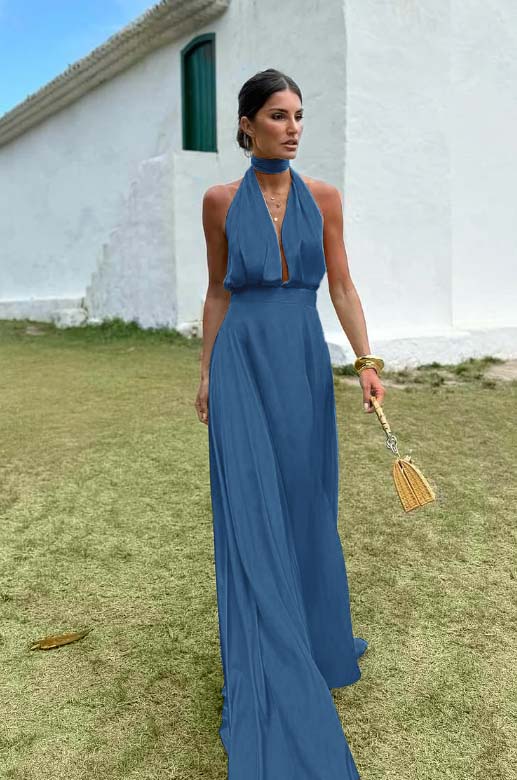Charming Sleeveless Halter V Neck Long Prom Dress With Pleated BMBRIDE