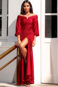 Wine Red Long Sleeve Off-the-Shoulder Evening Dress with Split BM bride