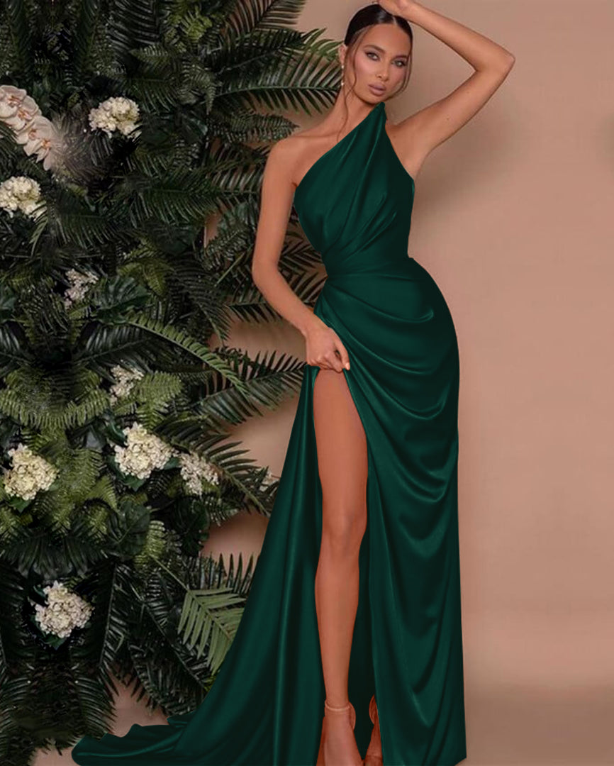 Elegant Green One Shoulder Sleeveless Mermaid Front Split Evening Dress Online BM bride