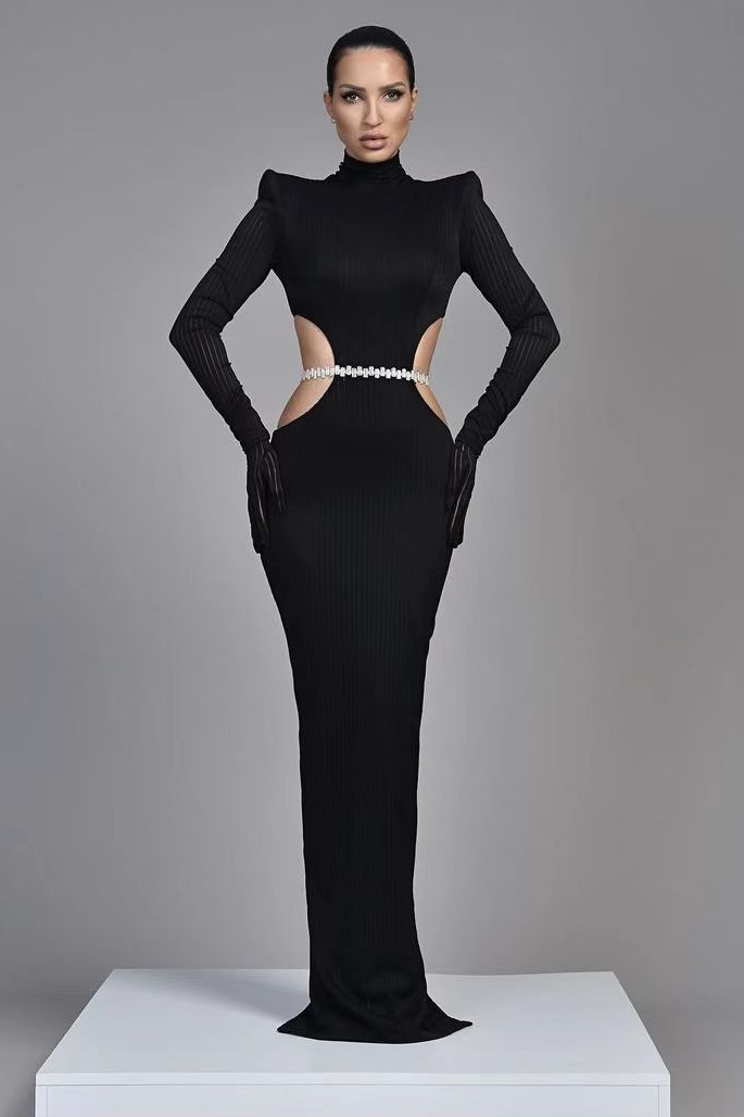 Long Sleeves Mermaid Evening Dress High Neck with Belt BM bride