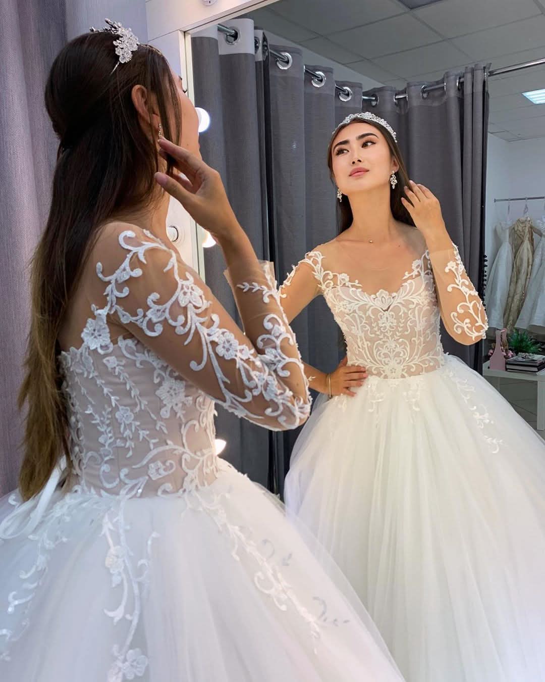 A-Line Tulle Long Sleeves Wedding Dress With Lace BM bride