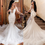 Long Sleeve Mermaid Lace Applique Wedding Dress BM bride