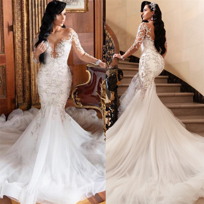 Long Sleeve Mermaid Lace Applique Wedding Dress BM bride