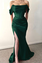 Dusty Rose Off-The-Shoulder Mermaid Prom Dress with Pleats and Split BM bride
