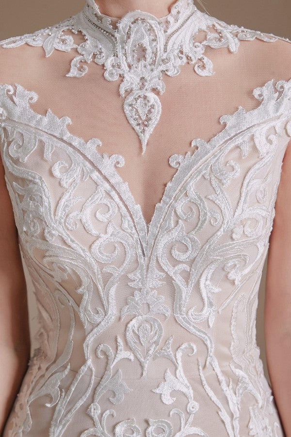 Sleeveless Mermaid Wedding Dress High-neck Lace With Sleeves BM bride