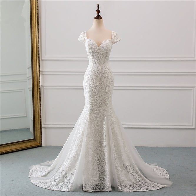 Sweetheart Lace Long Mermaid Wedding Dress with Cap Sleeves BM bride