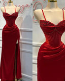 Fashion Red Spaghetti Strap Split Mermaid Prom Dress BM bride