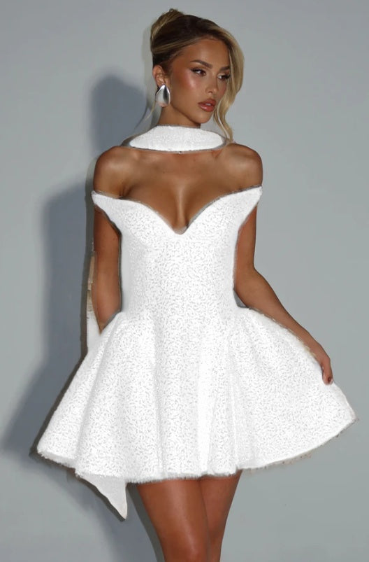 Off the Shoulder Sleeveless Short A Line Prom Dress With Sequin BMBRIDE