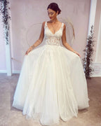 Elegant A-Line Deep V-Neck Backless Wedding Dress with Lace Appliques BM bride